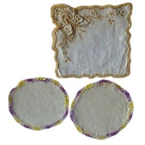 Vintage Embroidered & Crocheted Linen Doilies Set Butterfly Details